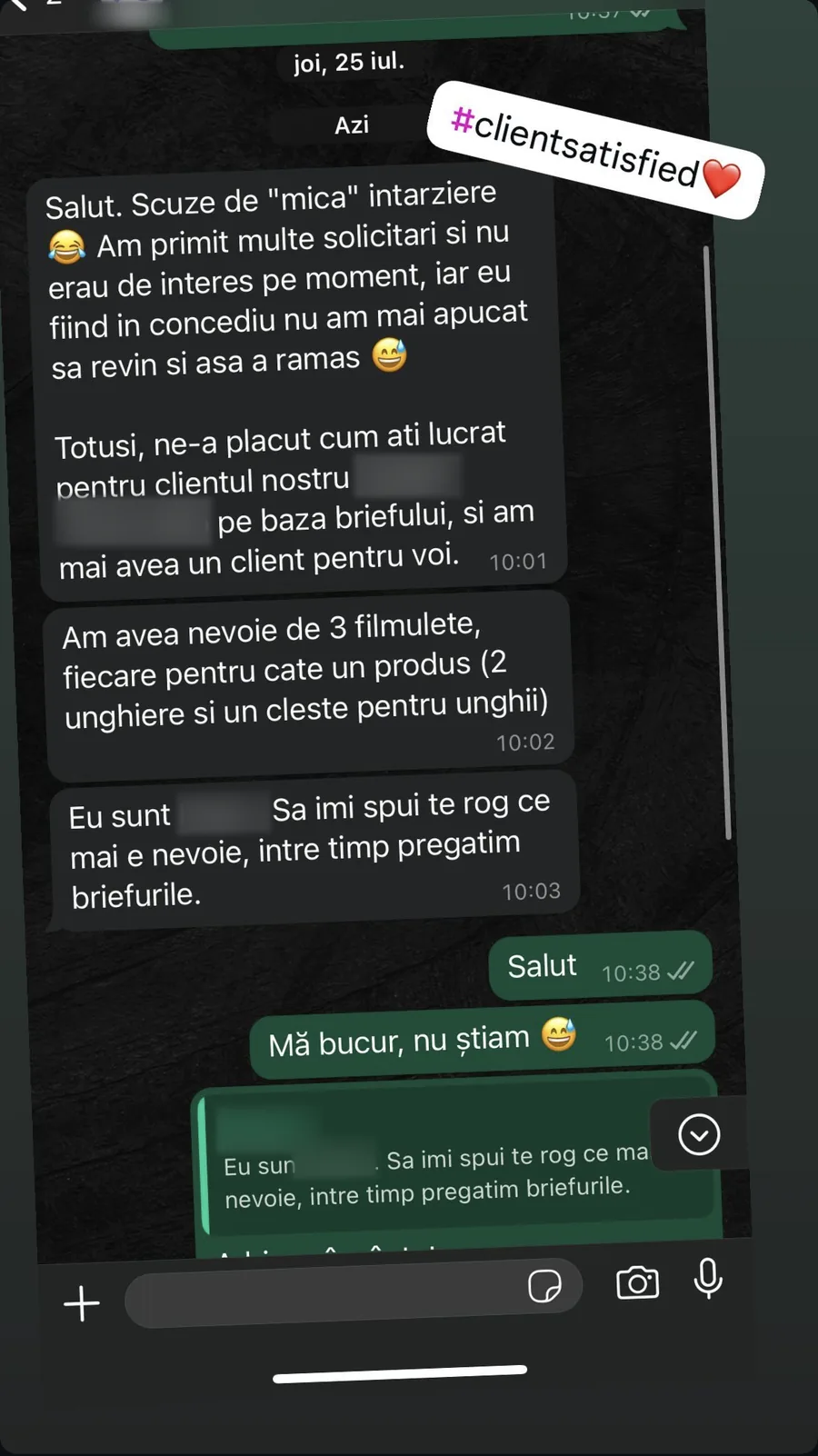 Mesaj de feedback de la un client, cu numele acoperite