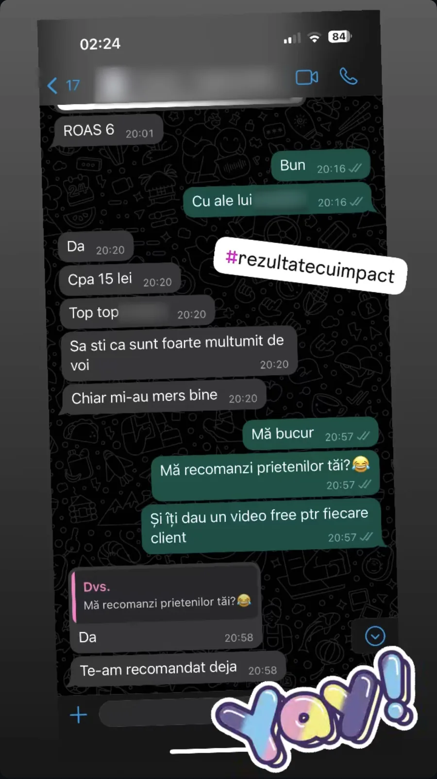 Mesaj de feedback de la un client, cu numele acoperite
