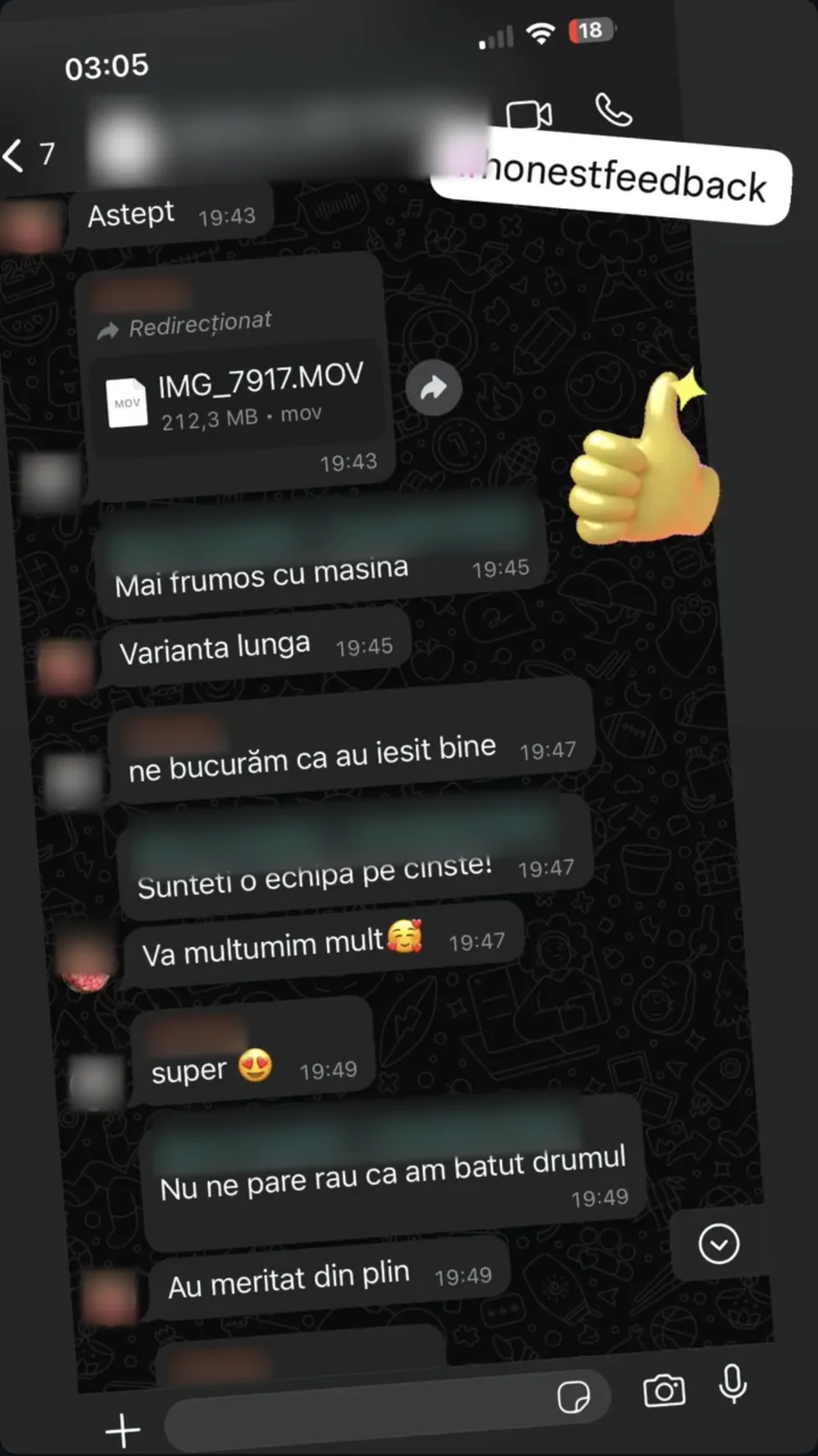 Mesaj de feedback de la un client, cu numele acoperite