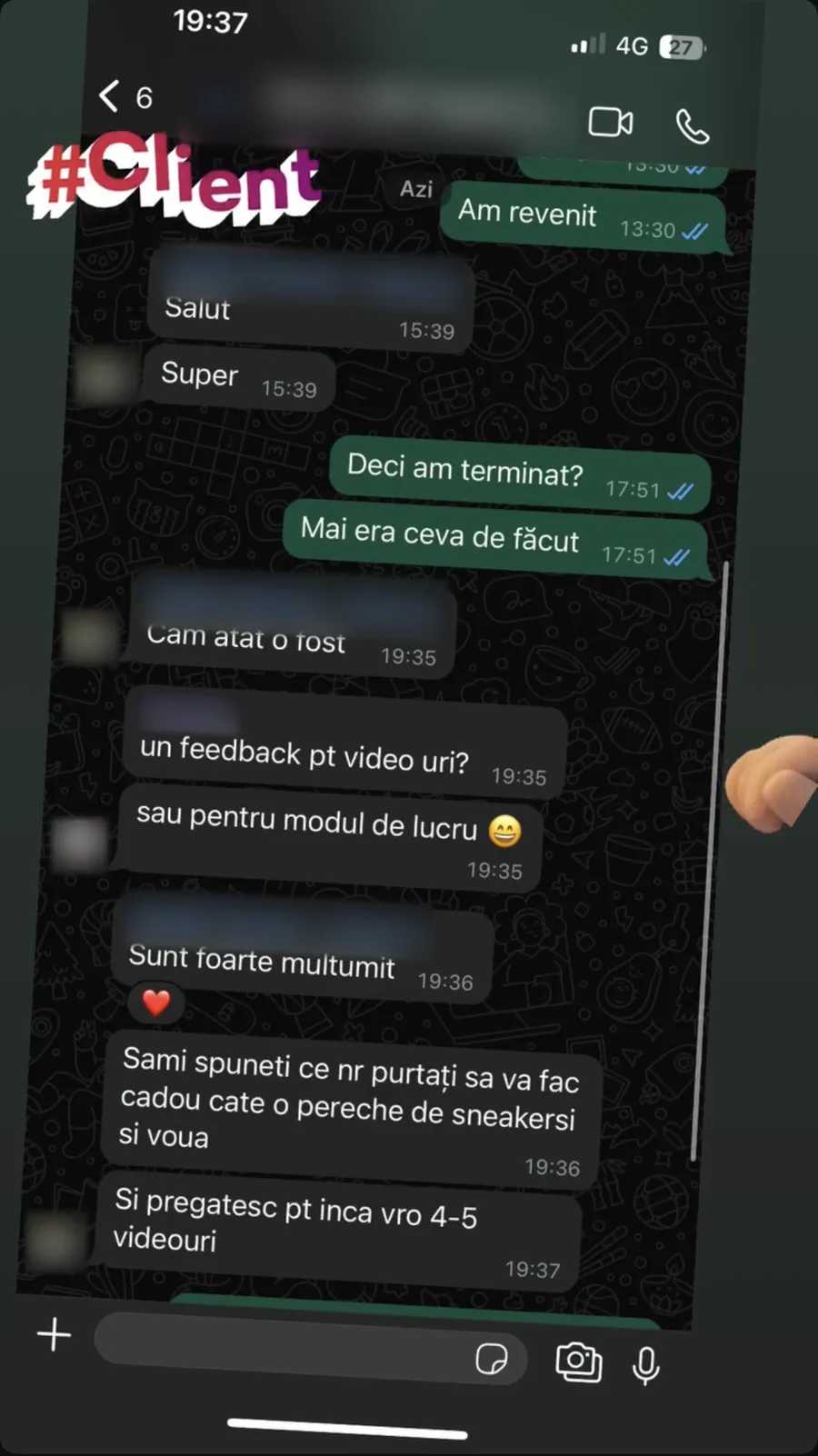 Mesaj de feedback de la un client, cu numele acoperite